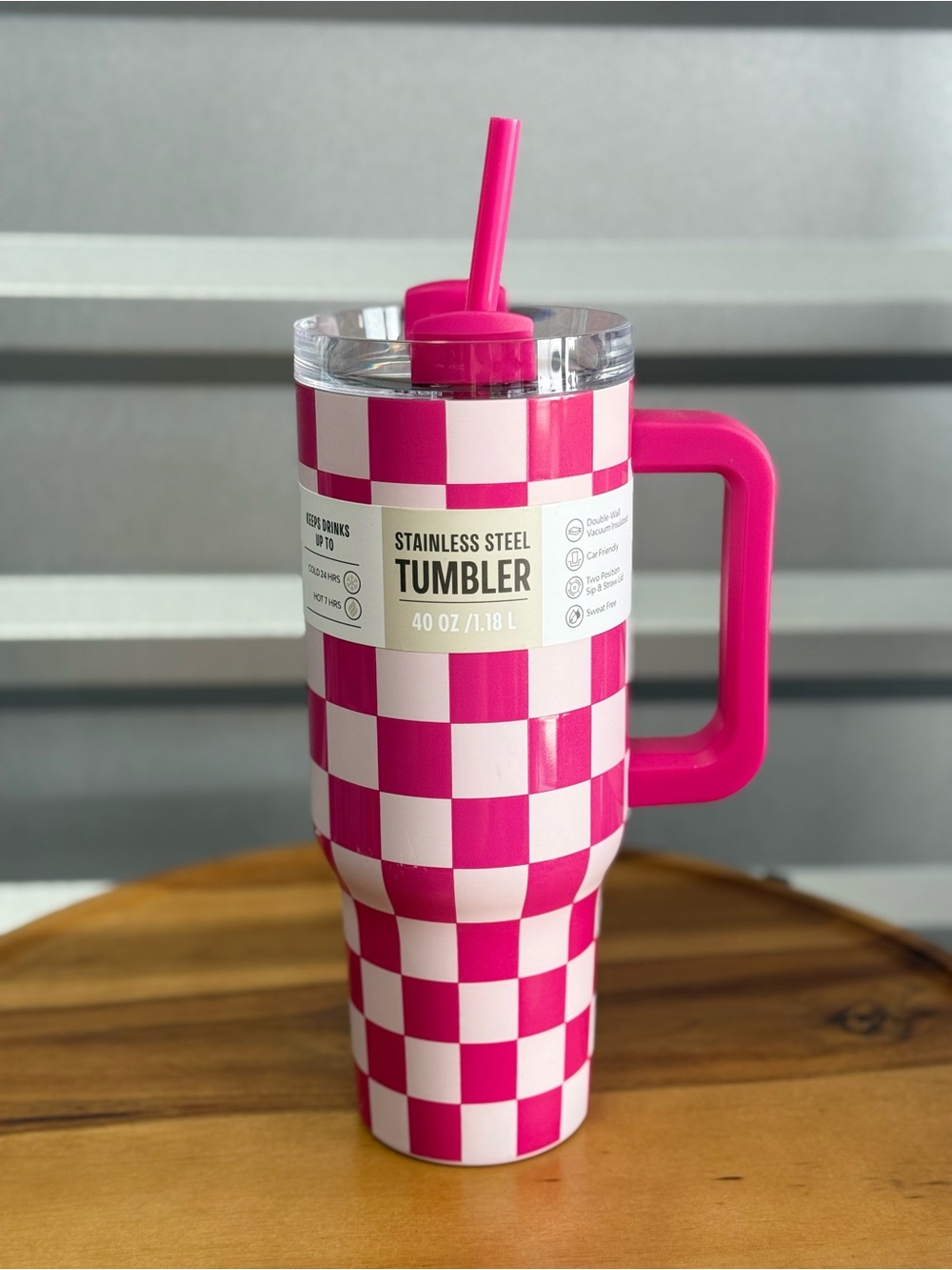 Pink Checker Stainless Steel Tumbler with Handle & Straw